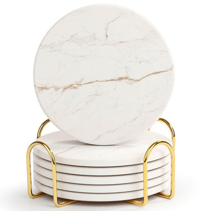 Acejoz Drink Coasters with Holder for Coffee Table, Absorbent Coasters Set of 6, Marble Style Ceramic Coaster for Wooden Table, Suitable for Kinds of Cups, Home Decor, 4 Inches(White)