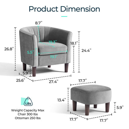 LINSY Accent Chair Set of 2, Velvet Barrel Chair with Ottoman, Modern Comfy Small Armchair for Small Spaces Reading Room Living Room Bedroom Kids Room Office, Grey