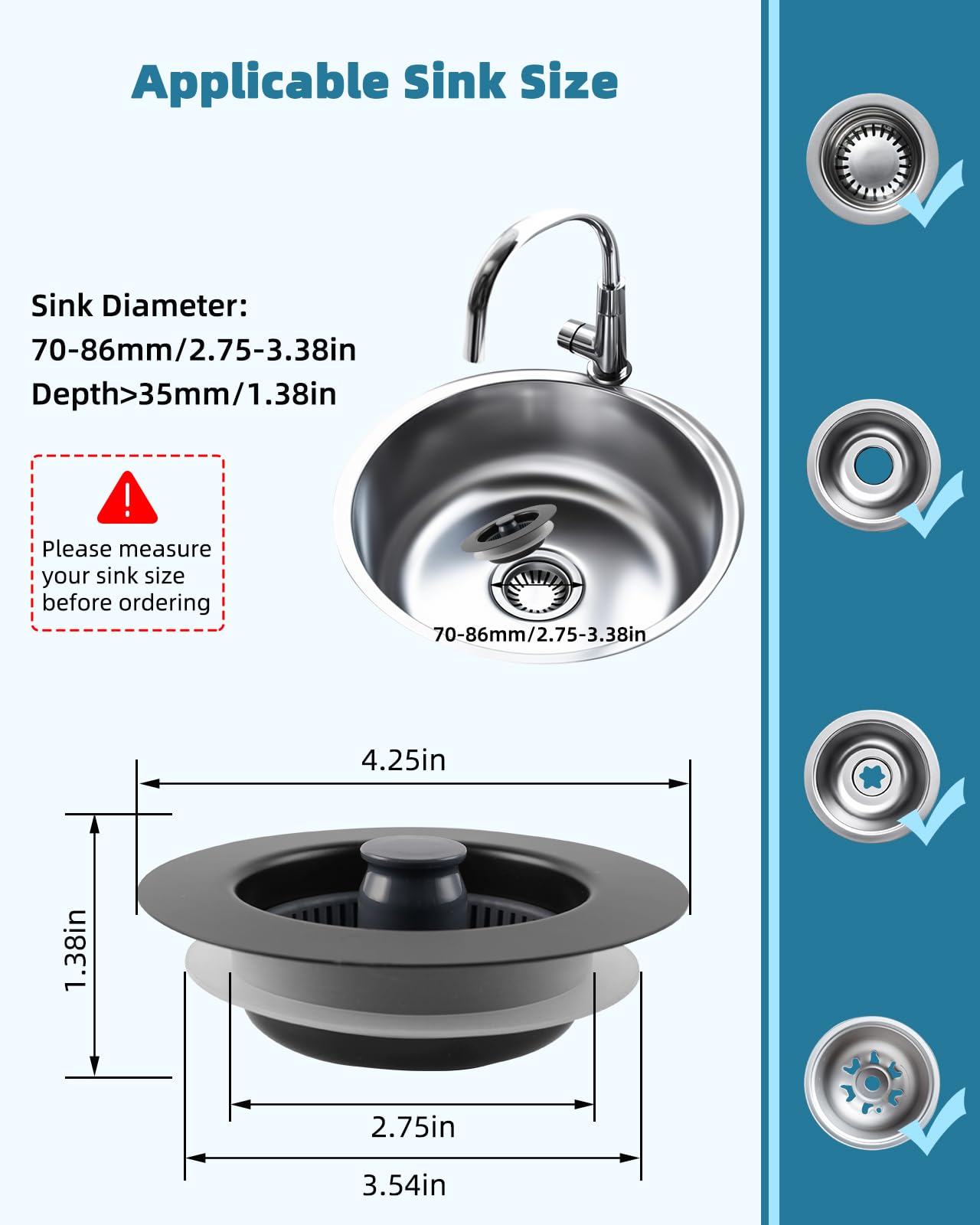 Universal 3 in 1 Kitchen Sink Drain Strainer Stopper Combo, Black Stainless Steel Shell Pop Up Sink Stopper for US Standard 3-1/2 inch Drain Filter, Anti-Clog and Easy Clean, Matte Black