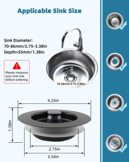 Universal 3 in 1 Kitchen Sink Drain Strainer Stopper Combo, Black Stainless Steel Shell Pop Up Sink Stopper for US Standard 3-1/2 inch Drain Filter, Anti-Clog and Easy Clean, Matte Black