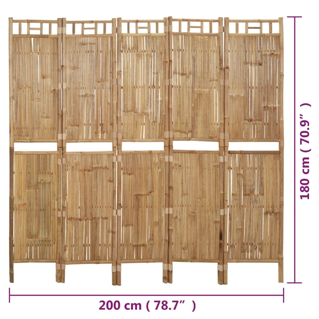 5-Panel Bamboo Room Divider 78.7"x70.9" Foldable Privacy Screen, 5-Panel Natural Bamboo Partition for Home Decor and Space Separation, Durable and Weather-Resistant Folding