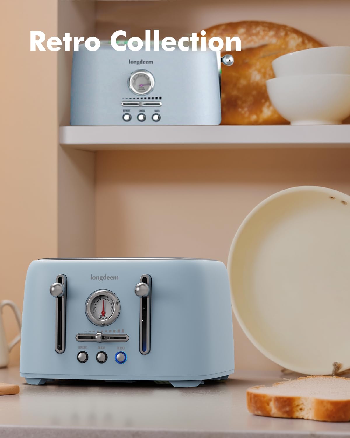 LONGDEEM 4-Slice Retro Toaster, 1.6" Extra-Wide Slots, 6 Browning Levels, Bagel/Defrost/Cancel, Stainless Steel, Compact Blue