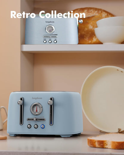 LONGDEEM 4-Slice Retro Toaster, 1.6" Extra-Wide Slots, 6 Browning Levels, Bagel/Defrost/Cancel, Stainless Steel, Compact Blue