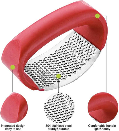 Angel's Peel Lounge Stainless Steel Garlic Press Rocker Set with Silicone Garlic Peeler & Cleaning Brush – Garlic Chopper, Mincer, Grater, Crusher – Easy for Crushed Cloves – Rust-Resistant, Red