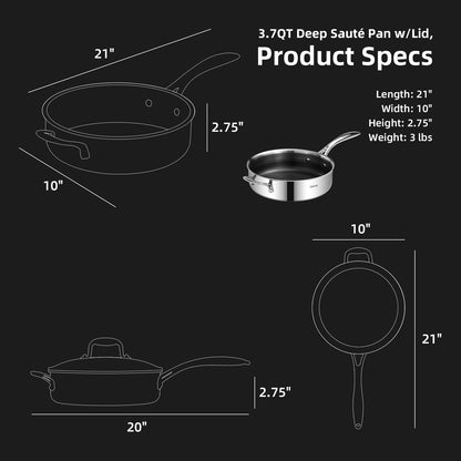 DELUXE Hybrid Ceramic Nonstick 3.7 Qt Deep Sauté Pan with Lid, Stainless Steel Skillet with Stay-Cool Handles, Dishwasher and Oven-Safe, PFOA Free Deep Frying Pan, Compatible with All Cooktops