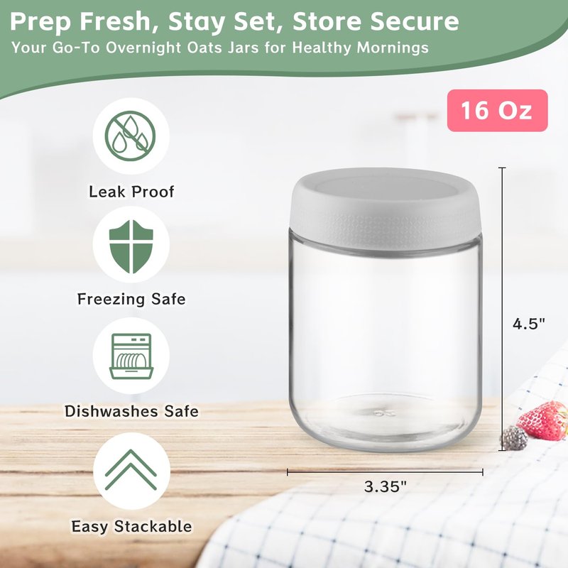DMuuuDM 2 Pack Glass Overnight Oats Containers with Lids,Stackable Wide Mouth Mason Glass Jars with Airtight Seal Lids,Food Storage Jars for Meal Prep,Yogurt Parfaits,Meal Prep,Pudding,Spices (16 Oz)