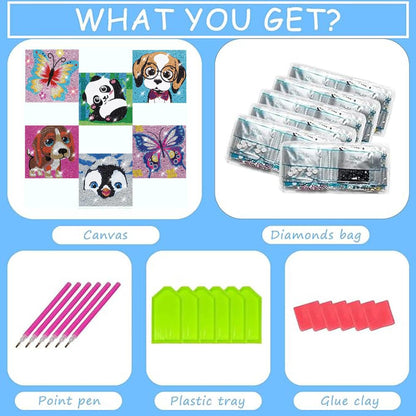 CHWGLFGG 6 Pack Diamond Painting Kits Beginners,5D DIY Diamond Art Kit for Kids 6-8-9-10-12 Girls Boys,Cute Animals Big Gem Art and Crafts,Easy Small Full Drill Painting Kits for Wall Decor 6" X 6"