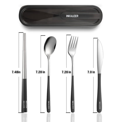 Travel cutlery set, 18/8 stainless steel cutlery, Reusable utensils set with case, Portable Silverware Lunch Box for Camping and Office (Black/knife set)