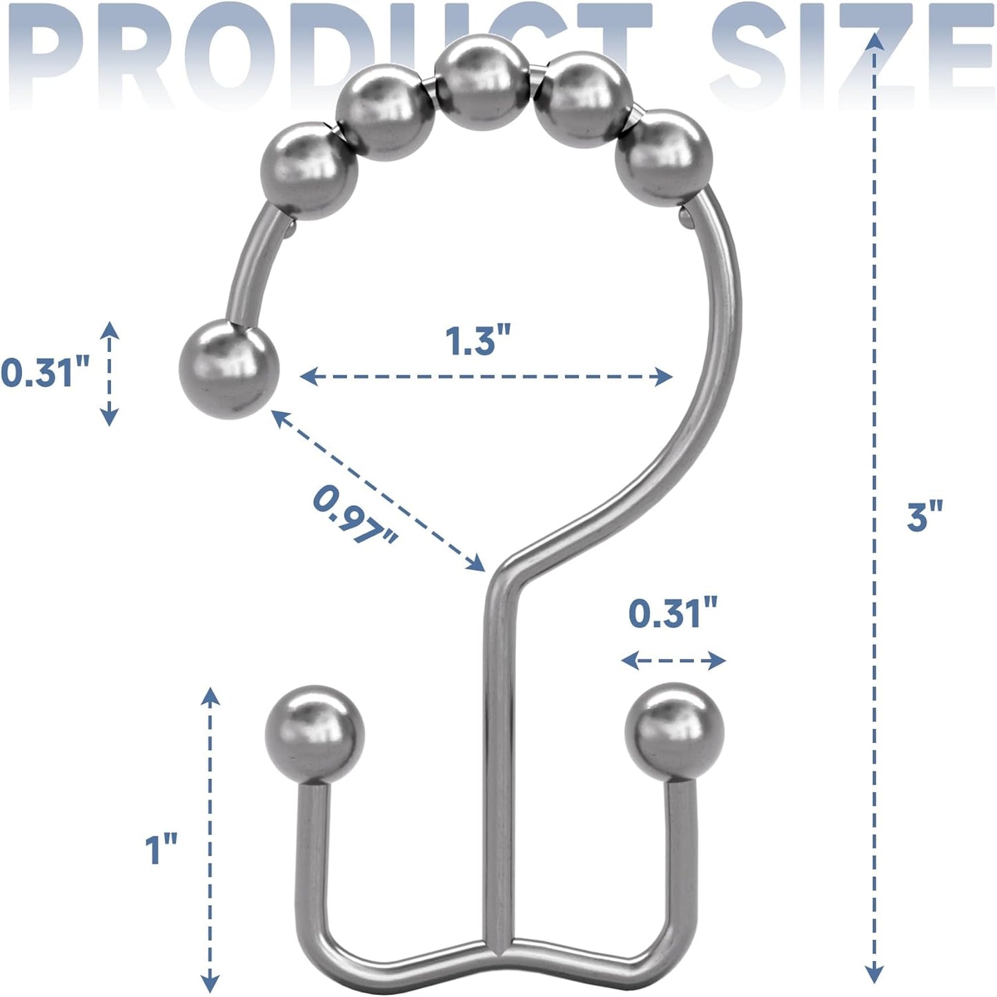 Titanker Shower Curtain Hooks Rings, Rust-Resistant Metal Double Glide Hooks for Bathroom Shower Rods (Set of 12)