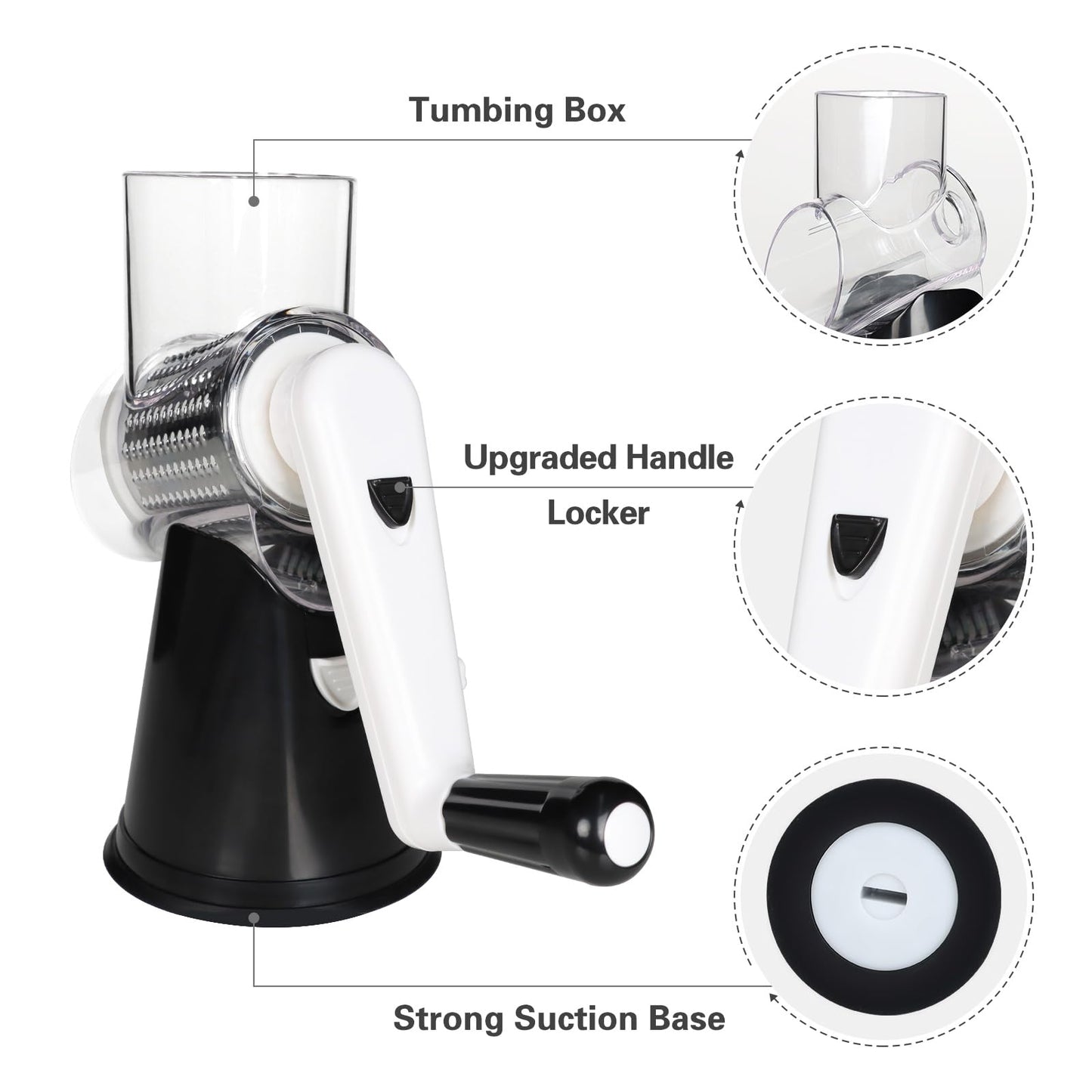 Cambom Rotary Cheese Grater Hand Crank Cheese Shredder for Fresh Cheese, Vegetable, Nuts,Non-slip Suction Base, Three Blades, Black