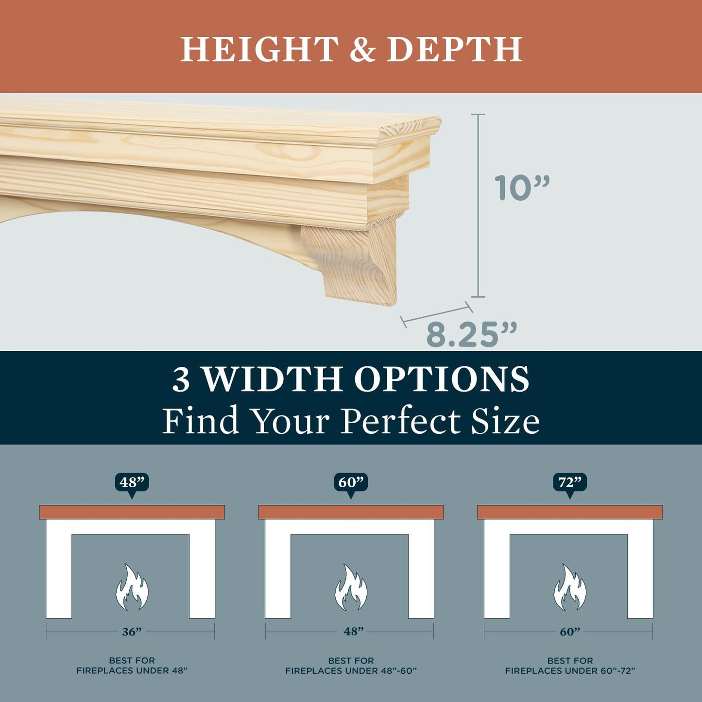 MANTELSDIRECT Salem Wood Mantel Shelf with Arched Corbels - Unfinished 60 Inch | Wooden Rustic Wall Mounted Shelf from Pine Wood - Perfect for Fireplaces, TVs & Décor