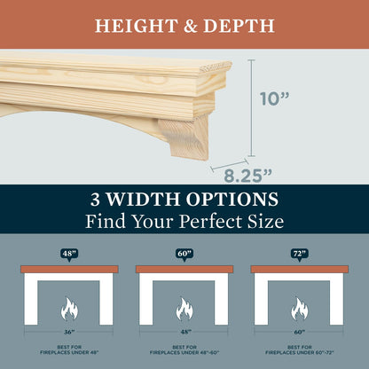 MANTELSDIRECT Salem Wood Mantel Shelf with Arched Corbels - Unfinished 60 Inch | Wooden Rustic Wall Mounted Shelf from Pine Wood - Perfect for Fireplaces, TVs & Décor