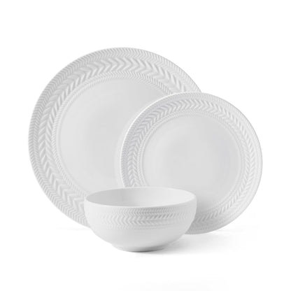 Pfaltzgraff Josephine 24-Piece Dinnerware Set, Porcelain Dish Set with Embossed Basket Weave Design, Service for 8, White Plates and Bowls Sets, Microwave and Dishwasher Safe