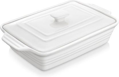MALACASA Casserole Dish - 4.4 Qt Porcelain Baking Dish with Lid & Handles | Microwave Safe, White