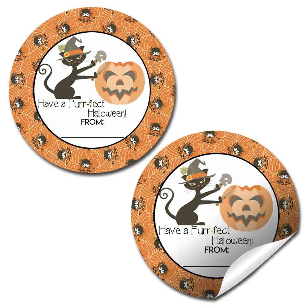 Purr-FECT Halloween Black Cat Themed Halloween Thank You Sticker Labels, 40 2" Party Circle Stickers by AmandaCreation, Great for Party Favors, Envelope Seals & Goodie Bags