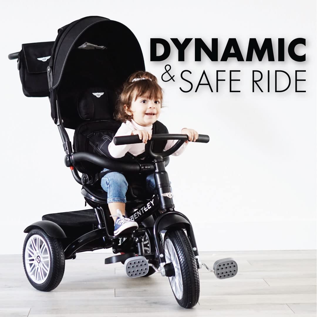 Bentley 6-in-1 Baby Stroller & Toddler Tricycle – Officially Licensed Luxury Kids Bike, Convertible Travel Strollers & Kid Trike with Air Wheels, Canopy & Safety Features (6m-5y+ | Onyx Black )