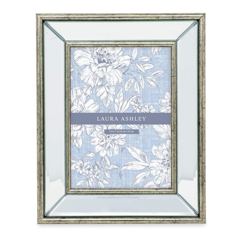 Laura Ashley 5x7 Silver Beveled Mirror Picture Frame, Classic Mirrored Frame with Deep Slanted Angle, Wall-Mountable, Made for Tabletop Display, Photo Gallery and Wall Art, (5x7, Silver)