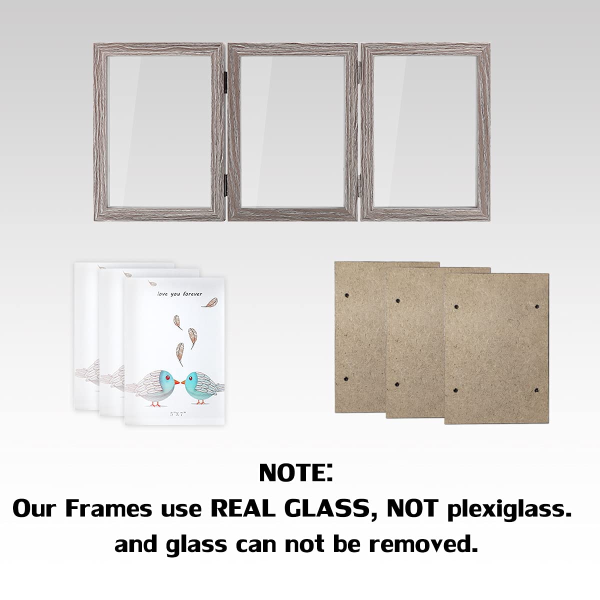 5x7 Triple Hinged Picture Frames Shadow Box MDF Wood Grey with Real Glass 3 Vertical Opening Family Lover Gift
