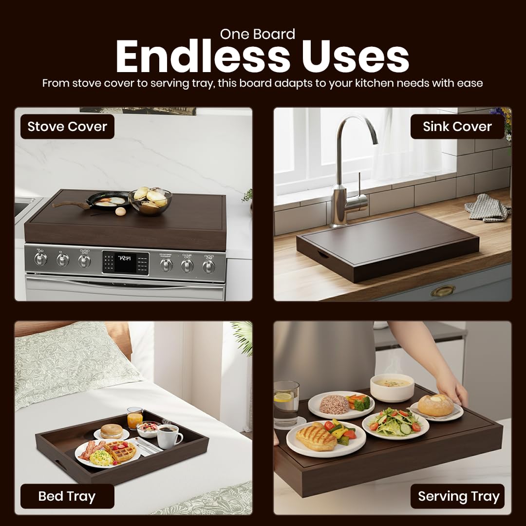 Wood Stove Top Cover Noodle Board for Gas Stove | Wooden Stovetop Cover Cutting Board | Butcher Block Stove Cover with Handles for Electric and Gas Burners | Kitchen Counter Space Saver