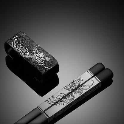 TIICOO Dragon & Phoenix Stainless Steel Chopsticks Set - 4 Pairs 18/8 (304) Metal Chopsticks with Holder - Chinese Traditional Gift Set, Non-Slip, Dishwasher Safe, Elegant Black Gift Box