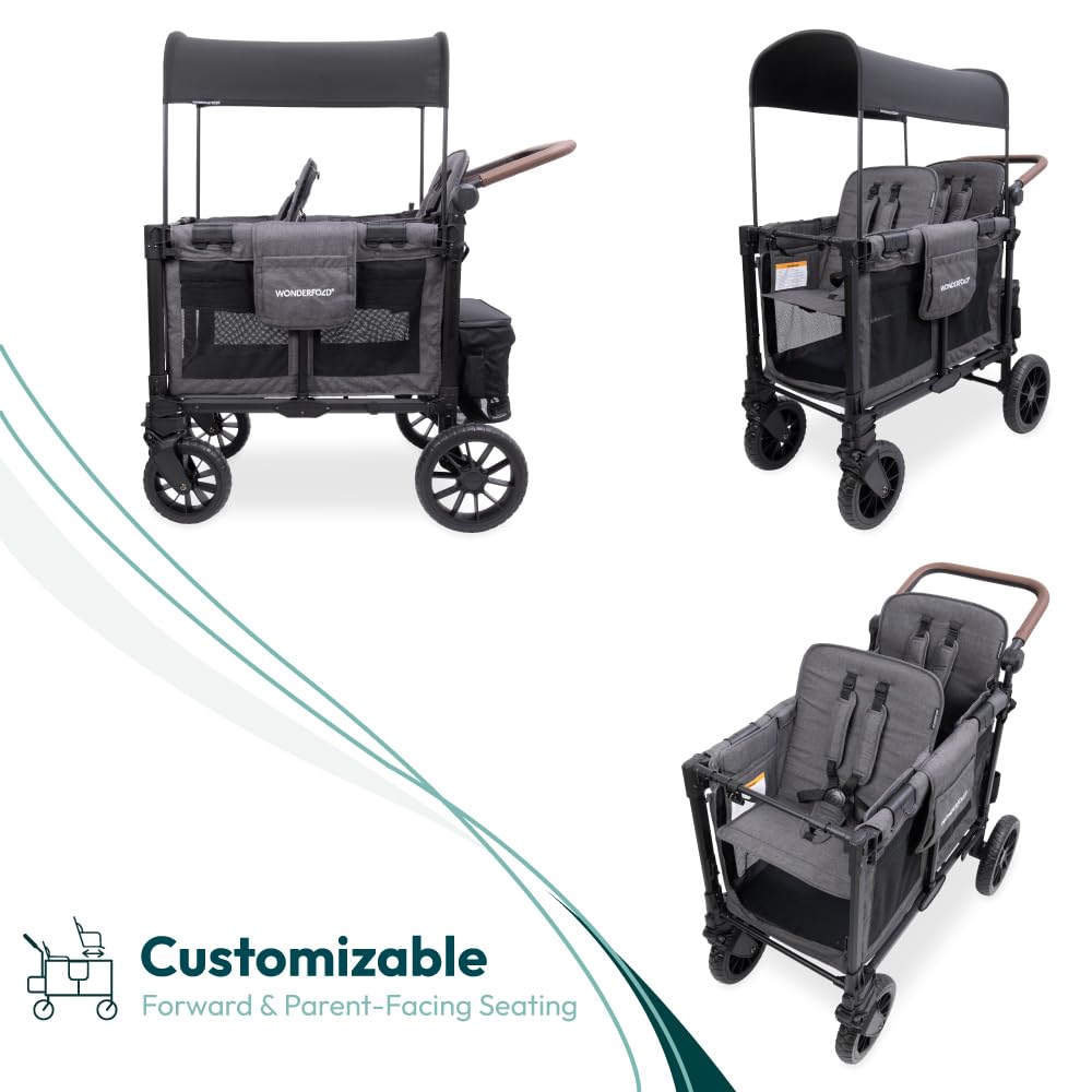 WonderFold W2 Luxe Pro Stroller Wagon - Collapsible Stroller Wagon with Aluminum Frame - Adjustable Canopy & Push Handle - XL All-Terrain Wheels - for Babies, Toddlers & Kids - 2 Seater - Gray