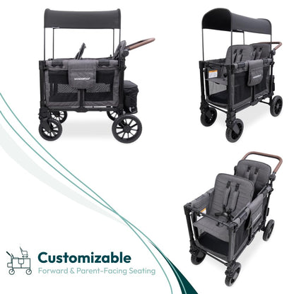 WonderFold W2 Luxe Pro Stroller Wagon - Collapsible Stroller Wagon with Aluminum Frame - Adjustable Canopy & Push Handle - XL All-Terrain Wheels - for Babies, Toddlers & Kids - 2 Seater - Gray