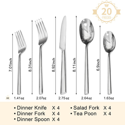 KINGSTONE Silverware Set, 20-Piece Forged Novelty Flatware Cutlery Utensil Set Premium Stainless Steel, Service for 4, for Kitchen, Home, Wedding, Party, Mirror Polished and Dishwasher Safe