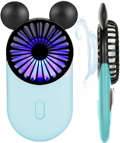 Cute Personal Mini Fan, Handheld USB Rechargeable Fan with LED Light, 3 Adjustable Speeds for Indoor/Outdoor