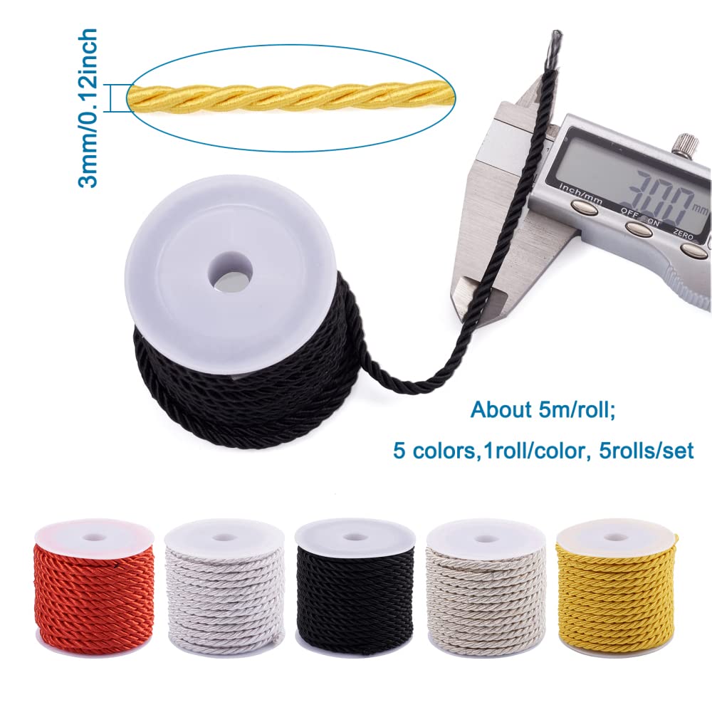 Craftdady 5 Rolls Twisted Cord Trim Rope 3mm Polyester Braided Satin Twine Cord Thread String for DIY Jewelry Craft Home Decoration, About 5.4 Yards/Roll