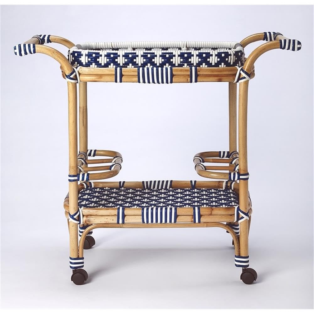 Beaumont Lane Rattan Bar Cart, Blue and White Finish, PE Plastic Weave with Casters, Removable Tray, 34.5 in Wide, Transitional Style Serving Cart for Entertaining