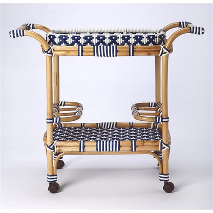 Beaumont Lane Rattan Bar Cart, Blue and White Finish, PE Plastic Weave with Casters, Removable Tray, 34.5 in Wide, Transitional Style Serving Cart for Entertaining