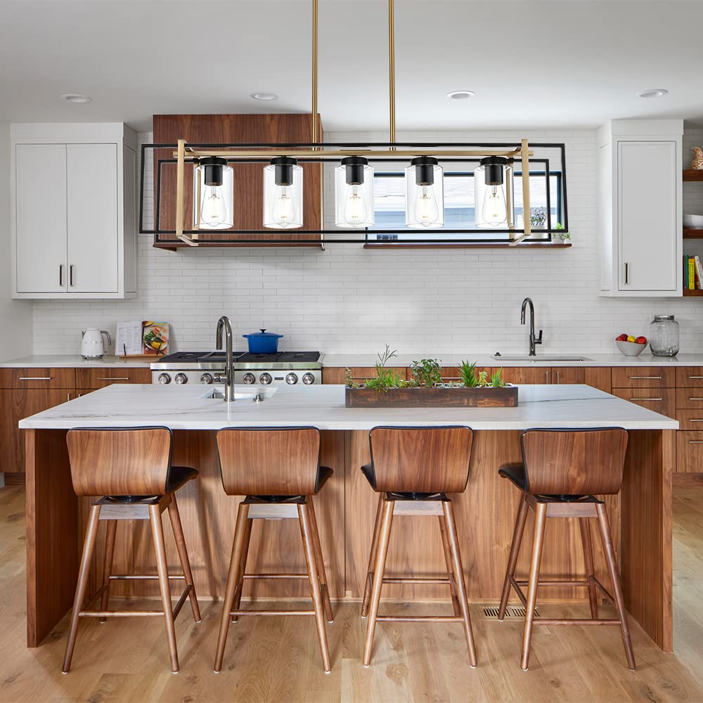 Lucidce 5-Light Farmhouse Chandelier Black and Brass Kitchen Island Lighting with Clear Glass Shades, Rectangular Chandeliers for Kitchen or Dining Room