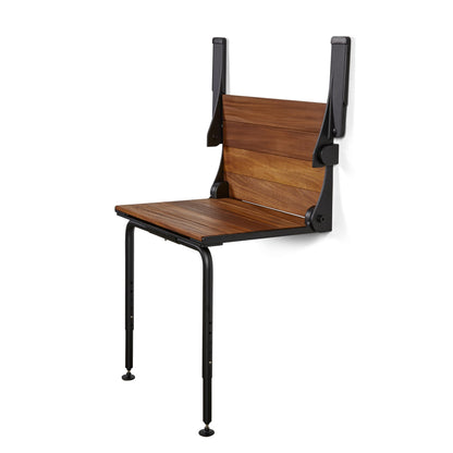 Silhouette Comfort Plus Folding Shower Seat with Armrests & Legs – Heavy-Duty Wall-Mounted Shower Bench, Teak Wood Seat with Black Frame