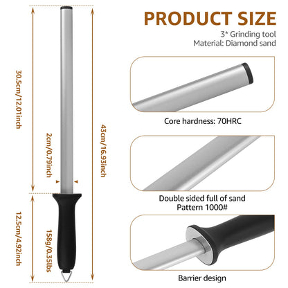 3 Pcs Diamond Sharpening Steel Rod, 12 Inches Diamond Honing Steel Knife Sharpener Rod, 1000 Grit Portable Knife Sharpener Stick for Honing Knives Blade