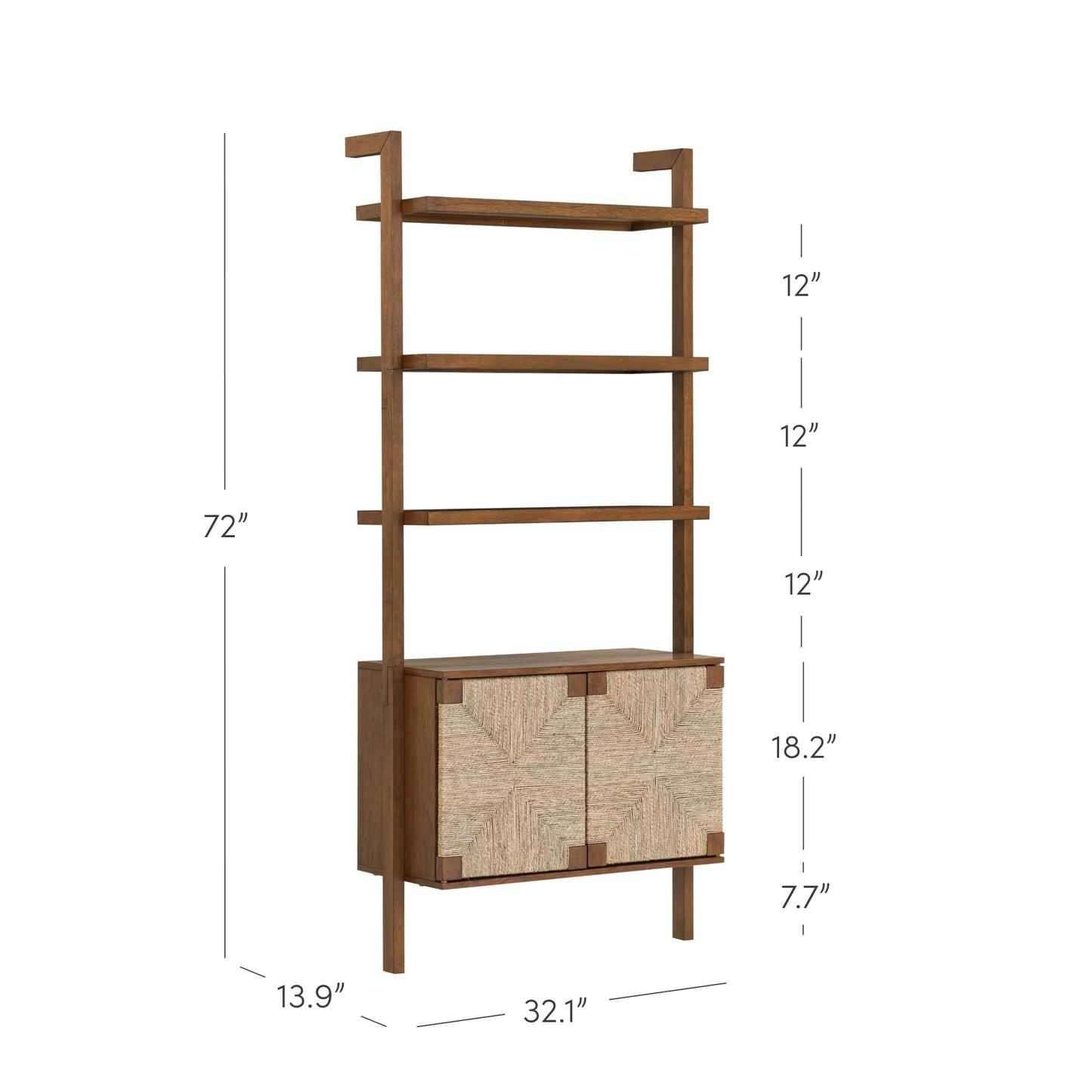 Nathan James Beacon 3-Shelf Bookcase with Seagrass Cabinet, Solid Wood Bookshelf with Storage with Solid Wood Frame, Seagrass/Dark Brown