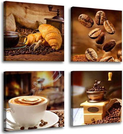 Coffee Theme Canvas Wall Art, Kitchen Decor Pictures, 4 Panel Set, Brown，Canvas wall art prints - charming images of coffee cups, croissants, coffee beans and grinders