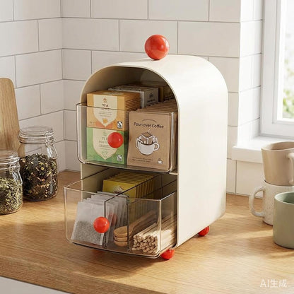 Tea bag coffee storage box. Double-layer drawer style acrylic tea bag rack, desktop tea storage, pantry, kitchen, cabinet.