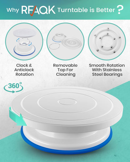 RFAQK 90PCs Cake Decorating Kit with Leveler, Baking Supplies Gift Includes Cake Stand Turntable, 24 Numbered Icing Tips, 55+1 Piping Bags, 2 Frosting Spatulas, 3 Scrappers, Video Course & Booklet
