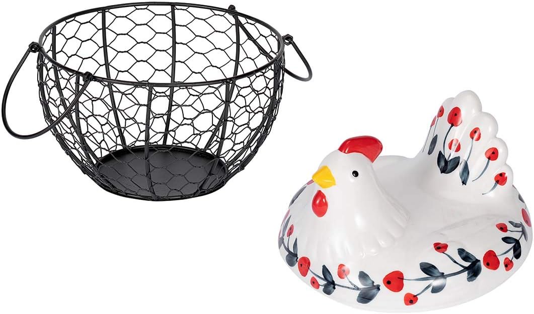 Chicken Design Ceramic Egg Storage Basket, Iron Basket Holds 20-25 Eggs, Organizer Case, Container Egg Basket Holder