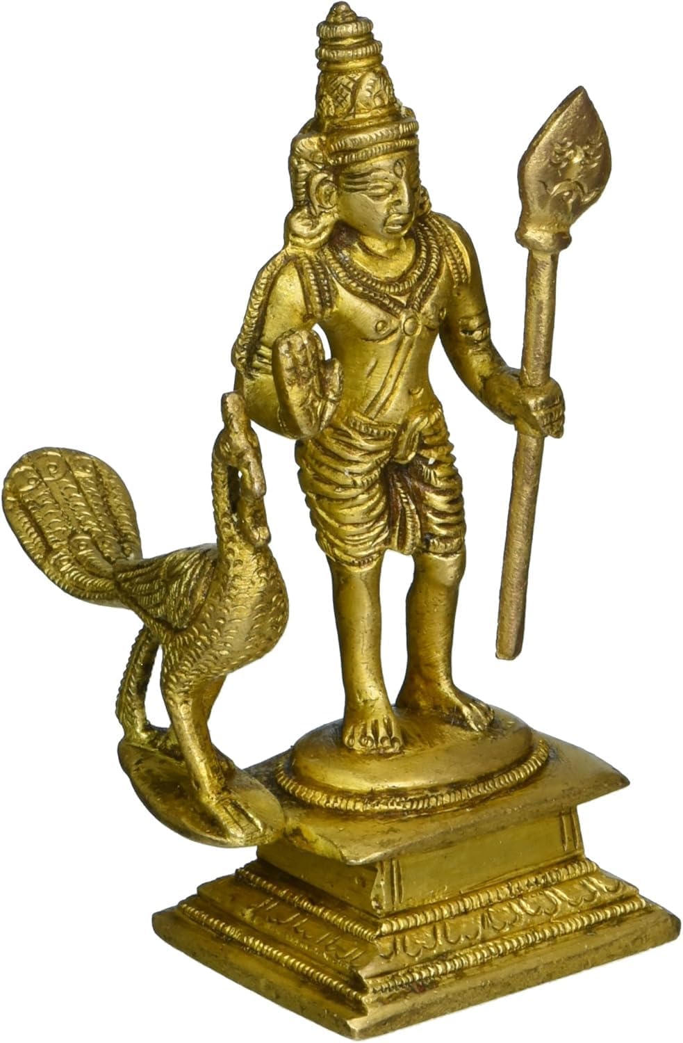 God Murugan Swami Miniature Brass Statue with Peacock, Handcrafted Decor Item for Home, Temple, Gifting, 2.25 x 3 x 4.3