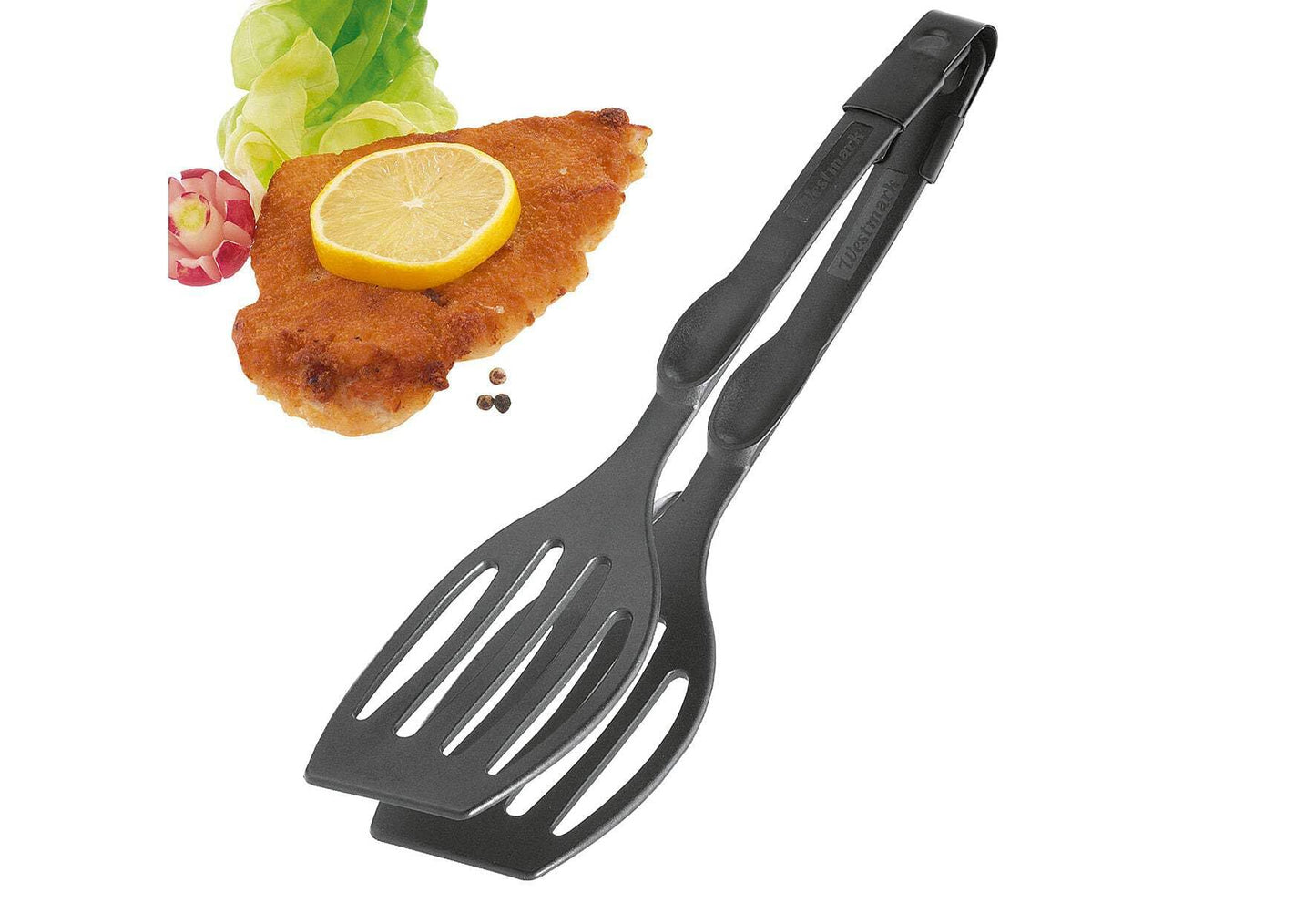Westmark Double Spatula Tongs – 2 in 1 Flipper Spatula & Grip Tongs, Heat Resistant 410°F (210°C), Barbecue Clamp Flat Spatula, German Design, for Fish, Eggs, Grilled Cheese or Meat, 11 Inch, Black