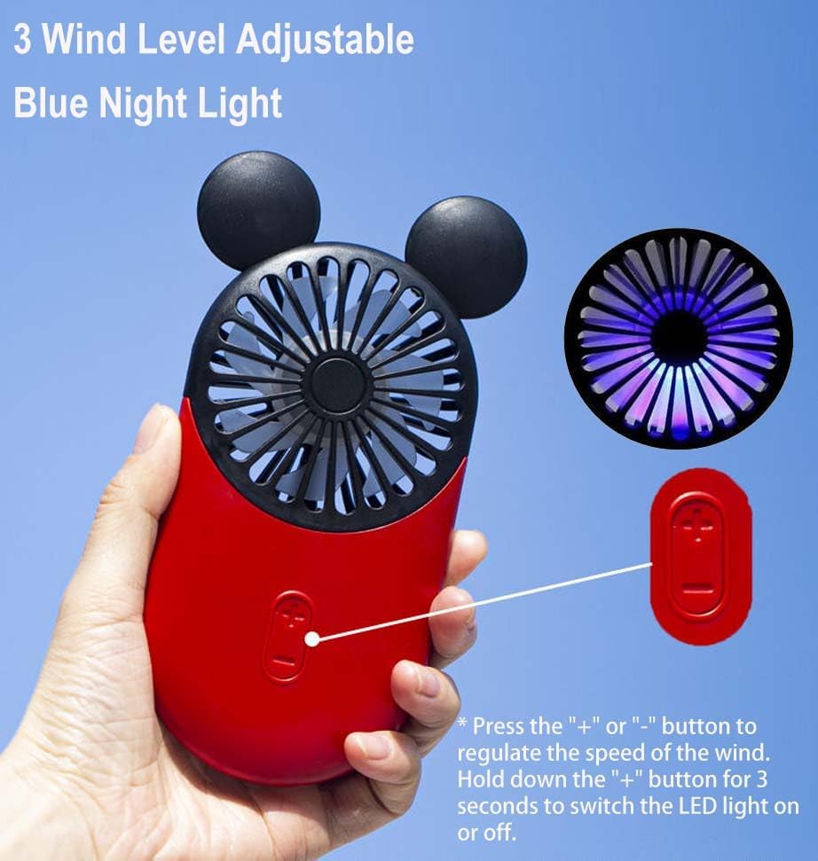 Cute Personal Mini Fan (2 PACK) - USB Rechargeable Handheld Fan with Stylish LED Light, 3 Speed Adjustable