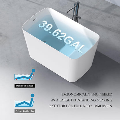 Mokleba 47" Lucite Acrylic Freestanding Bathtub，Square Shape Japanese Soaking Tub with Seat Desgin,Toe-tap Chrome Right Drain, Slotted Overflow, cUPC Certified,Glossy White