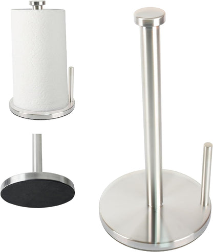 Paper Towel Holder with Side Rod, Stainless Steel Easy Tear Dispenser for Kitchen Countertop Tabletop