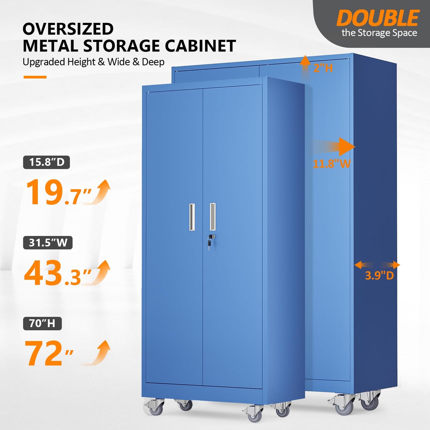 VINGLI Large Metal Storage Cabinet with 2 Doors and 5 Adjustable Shelves, Upgraded Height & Wide & Deep, 43''W x 20''D x 72''H, Oversized Garage Storage Cabinet with Wheels and Locks (Blue)