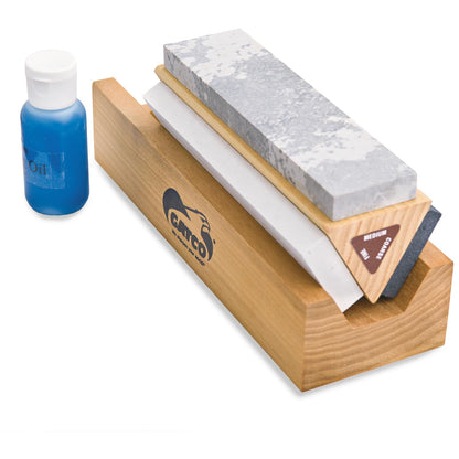 Gatco Arkansas Tri-Hone Sharpening Stone System – 3 Grit Knife Sharpening Kit with Soft, Medium & Coarse Stones, Honing Oil & Wood Base for Knives, Chisels, Blades, Straight Razors & Outdoor Tools