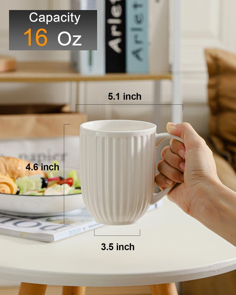 HASENSE Ceramic Coffee Mugs Set of 6, 16 Oz Large Ribbed Coffee Cups with Big Handle, Unique Modern Style White Latte Mugs for Tea,Cocoa,Milk,Cappuccino, Microwave & Dishwasher Safe