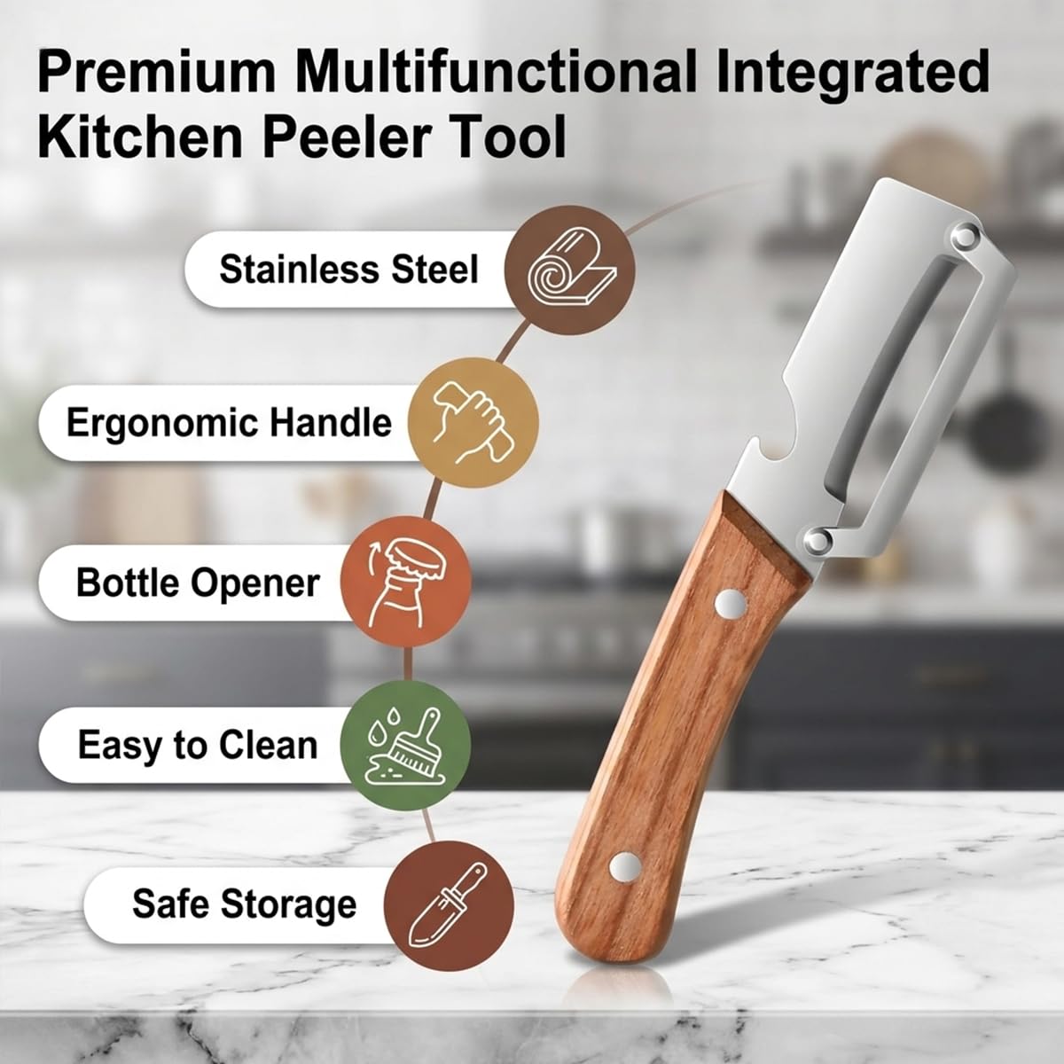 2 Pack Multifunctional Vegetable Peeler, 2-in-1 Kitchen Peeler with Bottle Opener, Sharp Stainless Steel Swivel Blade, Wooden Handle, for Potato, Carrot, Apple & Fruits