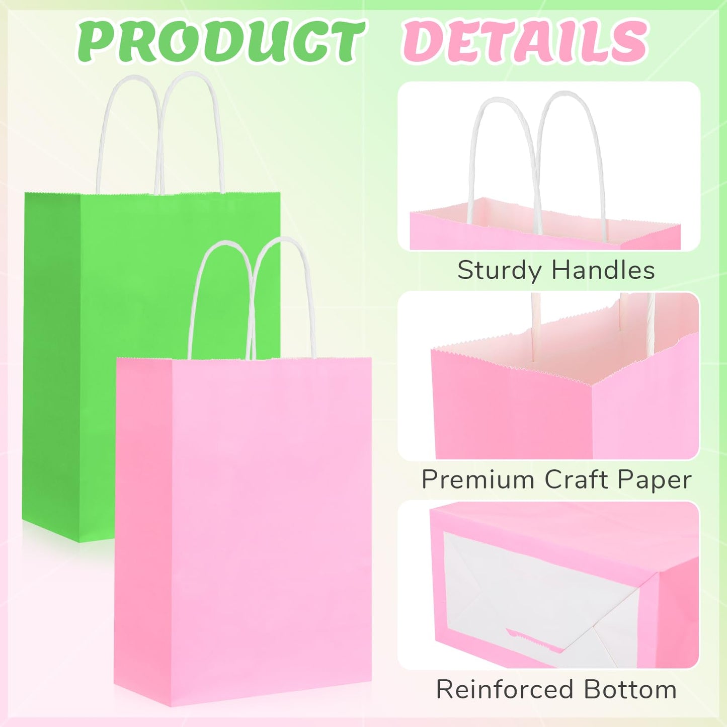 Kolldenn 48 Pcs Small Pink and Green Gift Bag 6.3 x 3.15 x 8.7 '' Paper Favor Treat Goodie Bag Bulk with Handle for Witch and Princess Theme Party Sisterhood Birthday Party Supplies