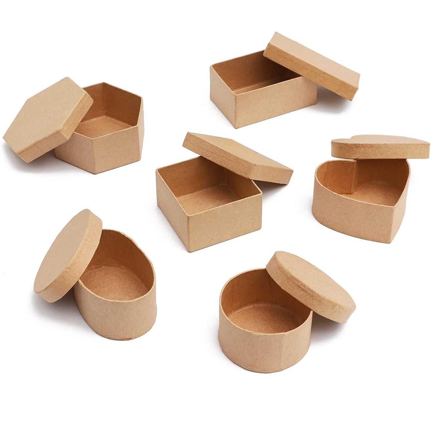 Juvale 6-Pack Mini Paper Mache Boxes with Lids - Brown - 6 Shapes, 3.4 x 3 to 2.7 in Diameter - DIY Craft Storage - Paper Boxes to Decorate